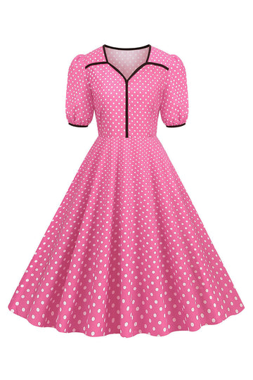 Rosa korte ermer Polka Dots kjole fra 1950-tallet